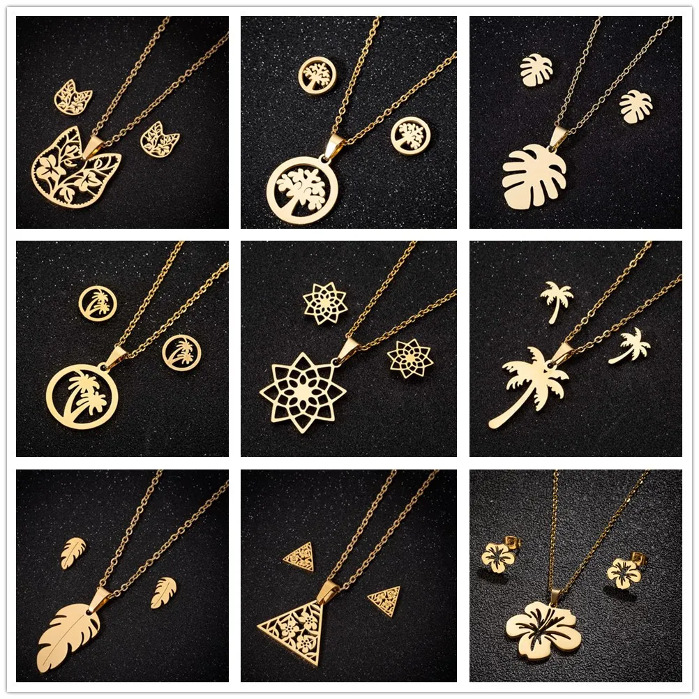 Bohemia Pflanzenblume Edelstahl Damen Schmuckset vergoldet hypoallergen Ohrring und Halskette Schmuck Accessoires Set