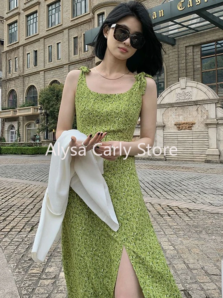 Green Elegant Floral Midi Dress Women Casual Vintage Sexy Split Slip Dress Female 2024 Summer Korean Style Slim Club Party Dress