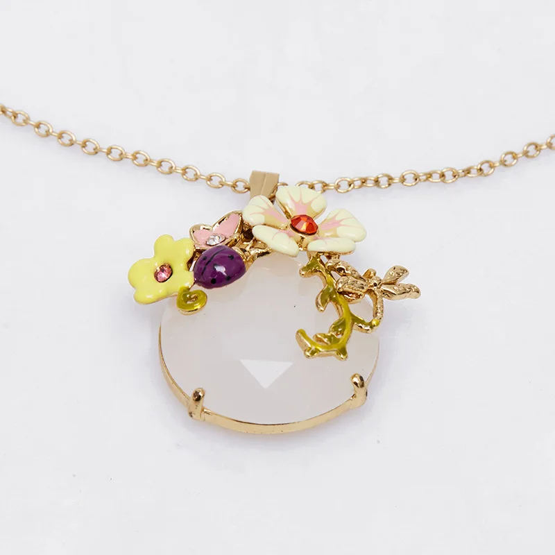 

New French Retro Handmade Enamel Glaze Gradient Flower Purple Ladybug Big White Opal Stone Dragonfly Pendant Necklace for Women