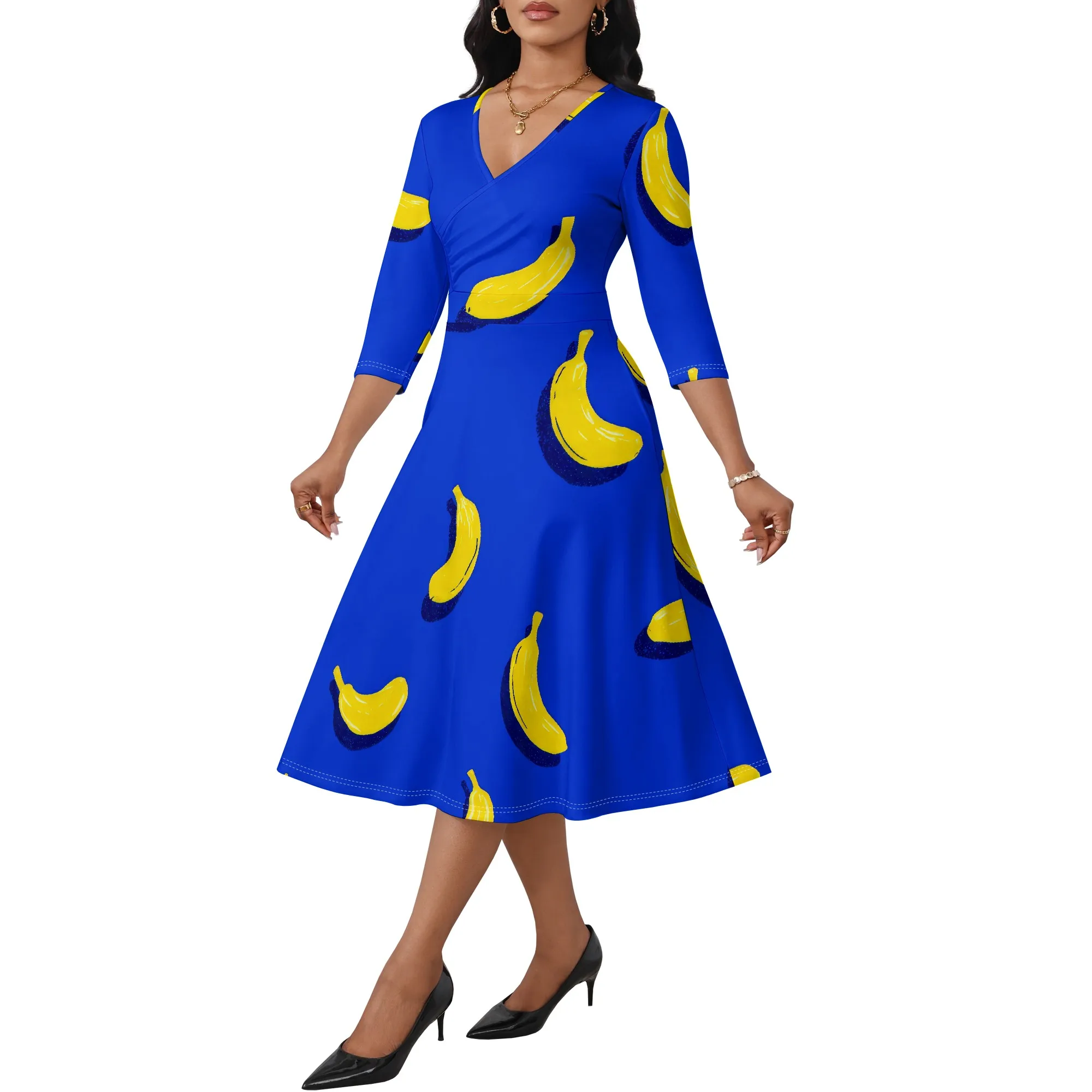 Magritta Midi Dresses for Women Casual 3/4 Sleeve Wrap Dress Plus Size Curvy Cocktail Dresses with Pockets