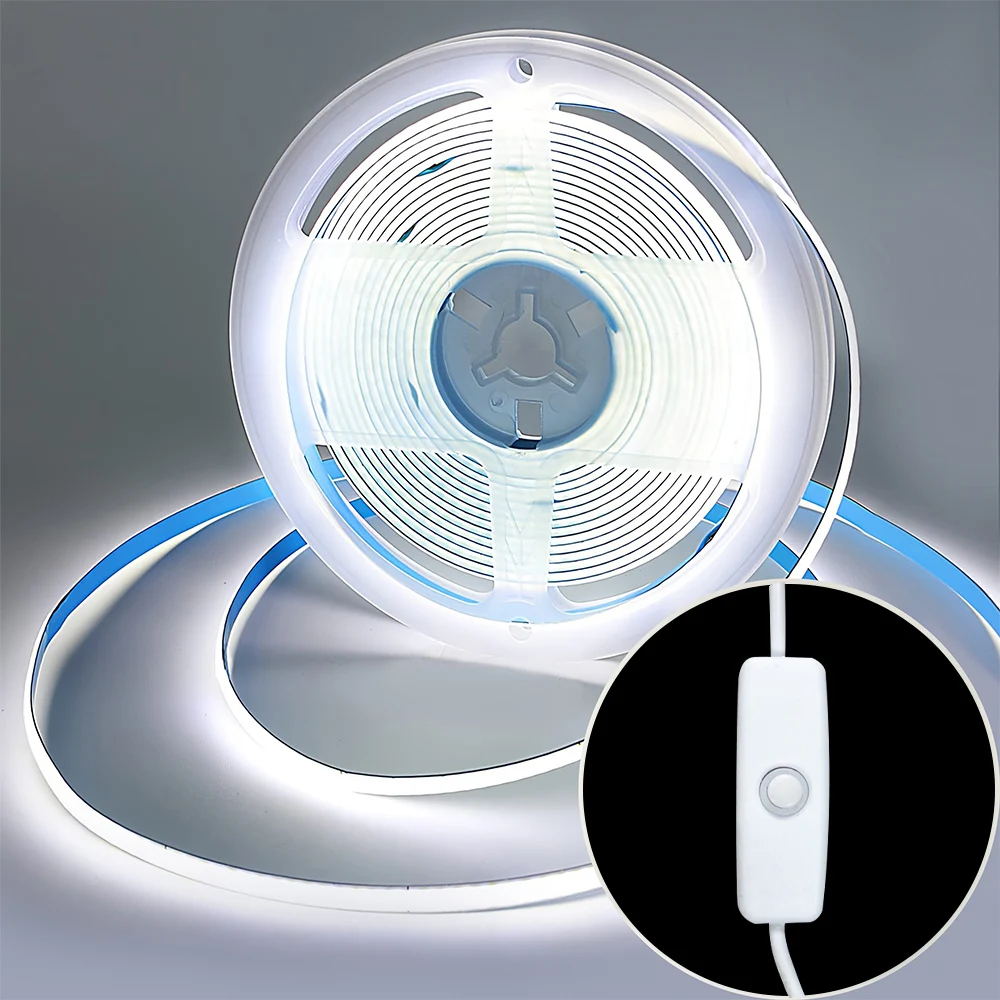 Push Button Warm White Switch COB LED Strip Light, USB Port Energised, Suitable for Bedroom, Cabinet, etc.