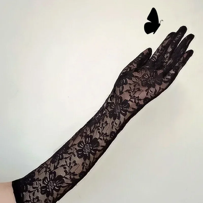 Guanti lunghi da donna in pizzo floreale trasparente Lolita Kawaii Guanti a rete bianchi neri Guanti estivi con protezione solare UV