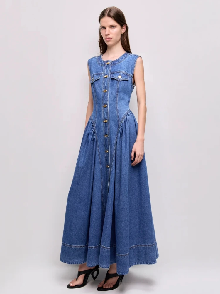 Sexy O Neck Single Buttons Denim Loose Long Dress Women Sleeveless Patchwork Folds A-line Dresses Evening Party Gowns