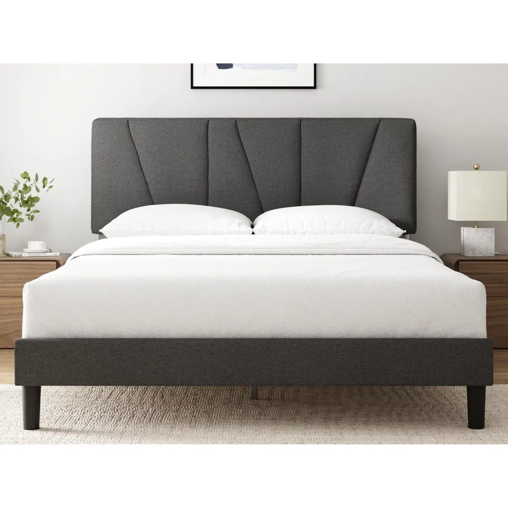 Bed Frame with Asymmetric Headboard, Durable Wooden Slats, Sturdy Framework, Noise Free Sleep