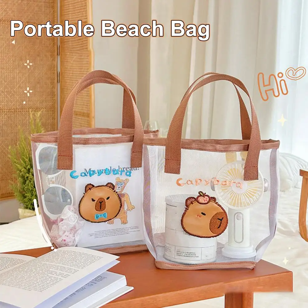 Mesh Tote Bag Capacity Mesh Beach Bag with Reinforced Handle Cartoon Pattern Design Waterproof Sand-proof Tote for Pool Beach