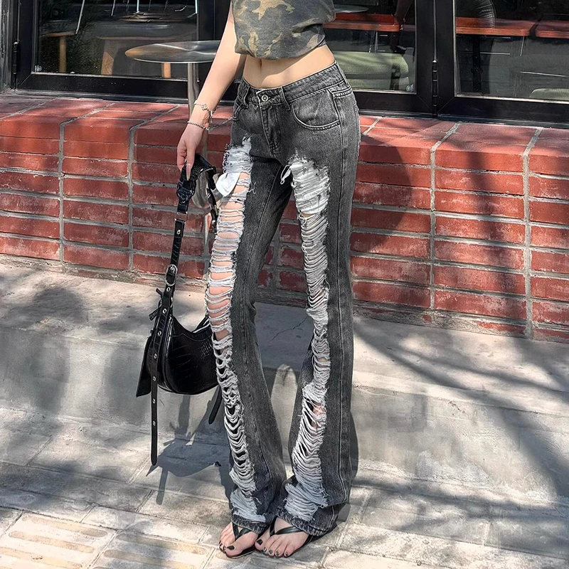 

Уличная одежда, винтажные женские рваные джинсы с низкой посадкой, 2025 Harajuku, классические узкие джинсовые брюки Y2K, американские брюки в стиле ретро