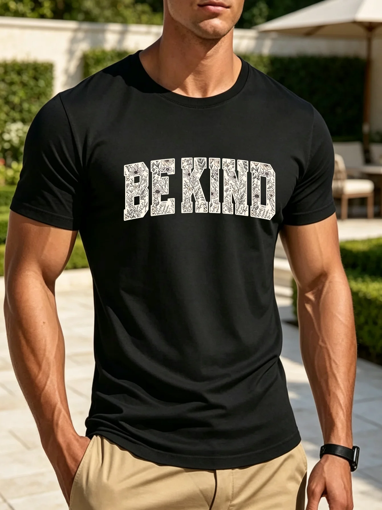 Men's S-5XL Fall Casual Be Kind Floral Letter Graphic T-Shirt Crew Neck Short Sleeve All Season Top for Gifts Halloween Christmas Father's Day Gifts for Husbands & Boyfriends Outfits