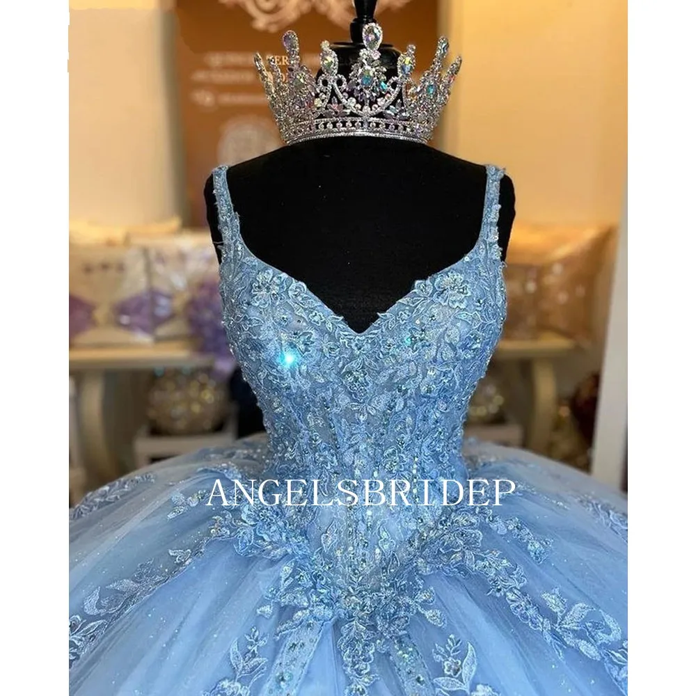 ANGELSBRIDEP Glittering Blue Quinceanera Dresses Vestidos De 15 Años Luxury Beading Lace Appliques Birthday Party Ball Gowns