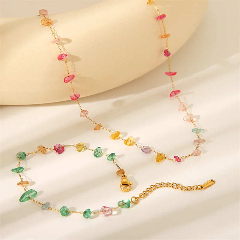 Colorfull Natural Stone Beaded Necklace Female Fashion Bracelet Luxury Classic Court Girl 304 Stainless Steel Jewelry Set