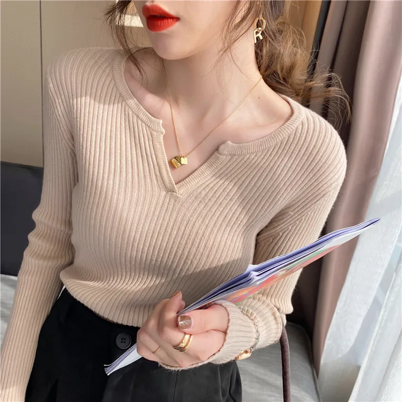 Mulheres manga longa com decote em v blusas finas senhoras coreanas de malha casual pullovers topo 2023 outono inverno malhas jumper pull femme