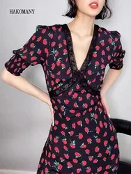 Retro French Style Spliced Lace Deep V neck Black Red Flower Print Women Midi Dress Puff Sleeve Tea Dresses Holiday Robe