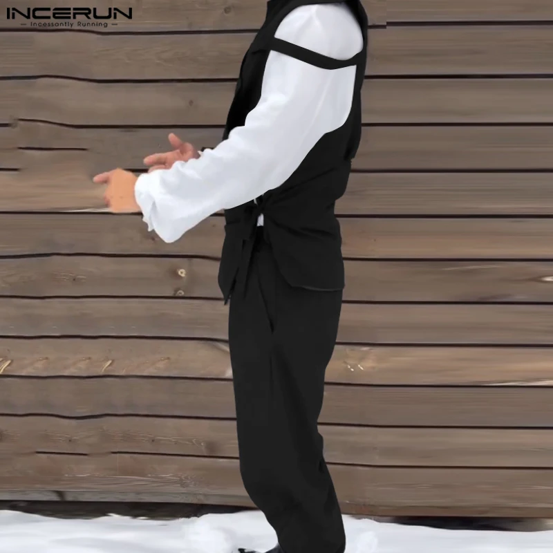 

INCERUN Мужские комплекты Однотонный пиджак и брюки на шнуровке с V-образным вырезом Необычные комплекты из двух предметов Уличная одежда 2025 Модные повседневные мужские костюмы