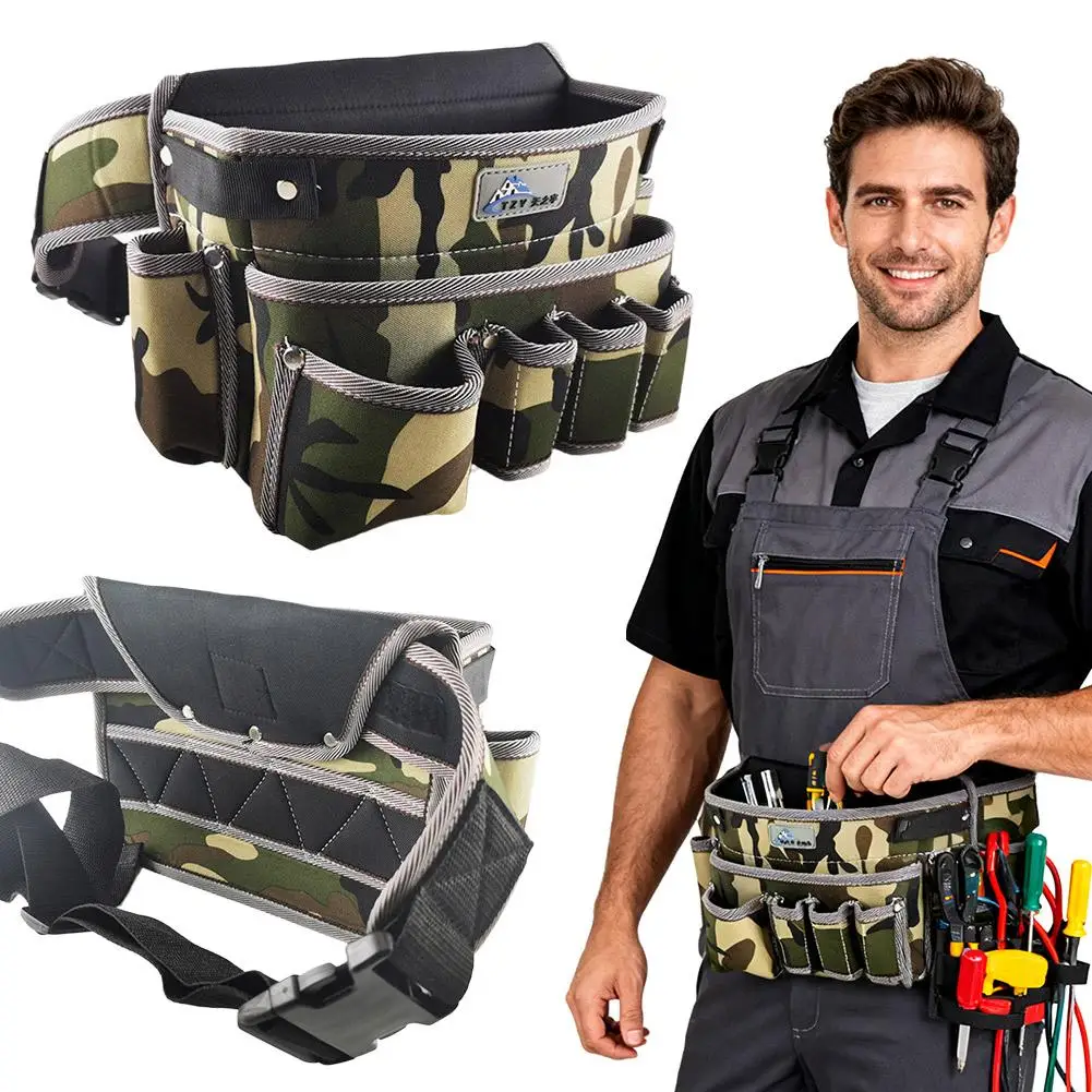 Multifunctional Oxford Cloth Waist Bag Wear-resistant Multiple Pockets with Adjustable Belt Electrician Hardware Tool Bag