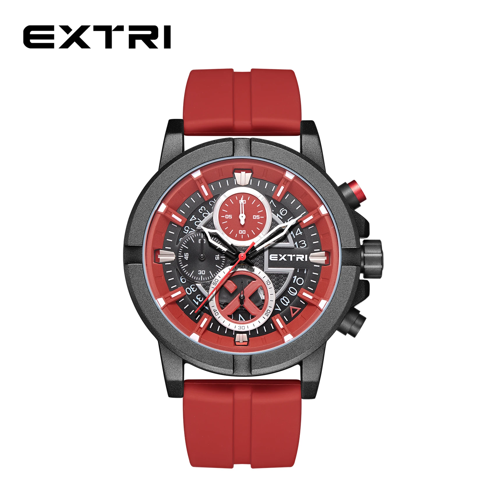 Extri Fashion Men Watch Waterproof Chronograph Timepiece Male Sport Date Quartz Wristwatches Anti-Scratch Luminous Silicone Band