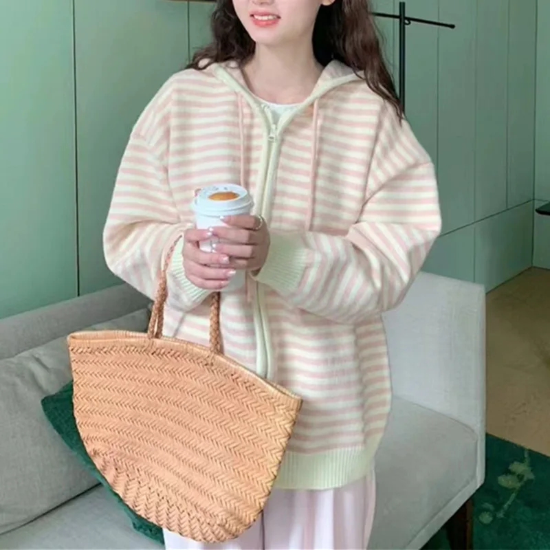 Contrast Striped Hooded Pink Cardigan Sweet Casual All Match Knitted Cardigans Sweet Sweaters E2386