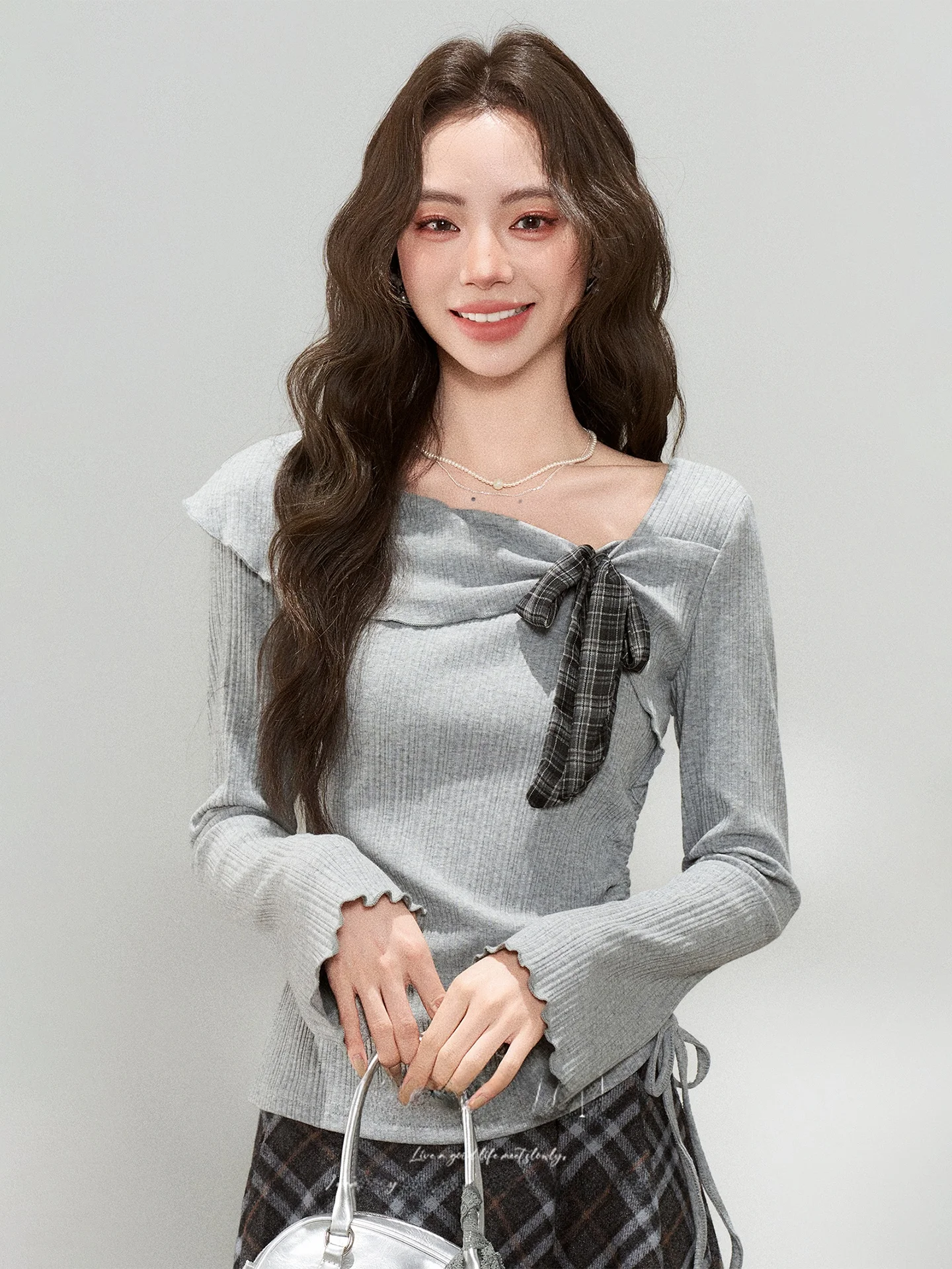 

Элегантный корейский вязаный топ для похудения с завязками на талии, осенняя новинка, модный, эластичный, тонкой вязки, с длинными рукавами