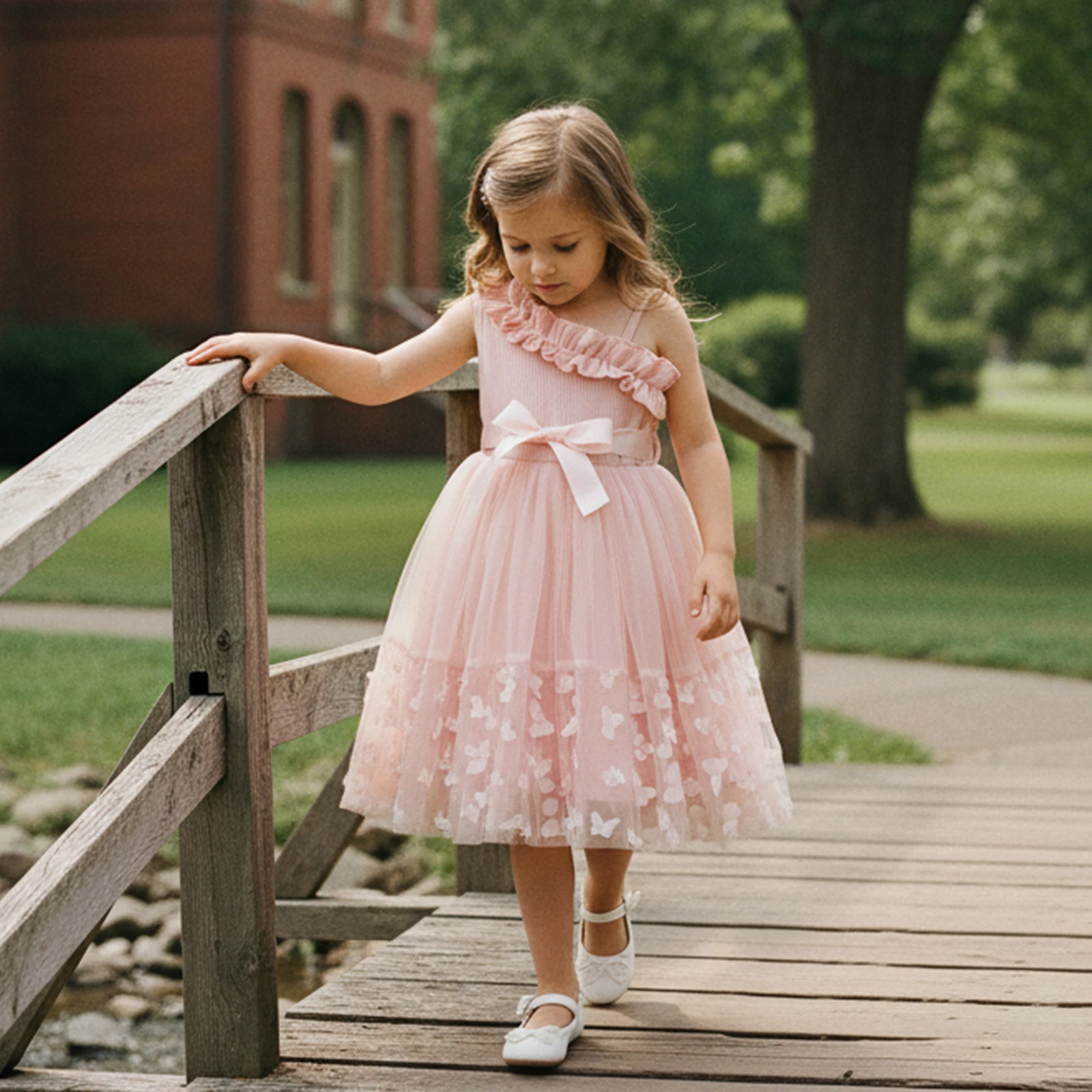 4-10Y Girls Butterfly Tulle Mesh Dress Fashionable Cute Kids Sleeveless Ruffle Princess Party Dresses with Belt