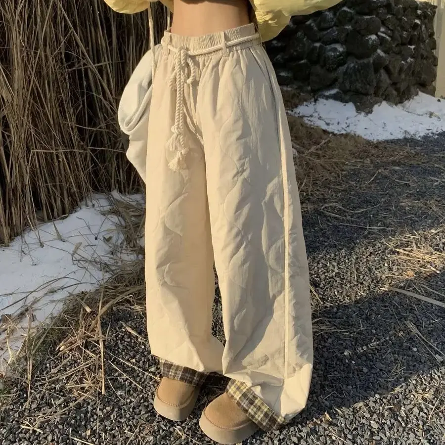 

Korean New Thickened Cotton Pants Plaid Stitching Winter Casual Retro Warm Windproof Waterproof Ski Wide Leg Pantalones