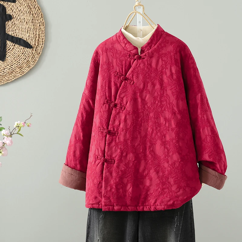 

Красная праздничная зимняя свободная новая теплая хлопковая куртка с вышивкой и геометрическим узором, хлопковая наполнительная верхняя одежда