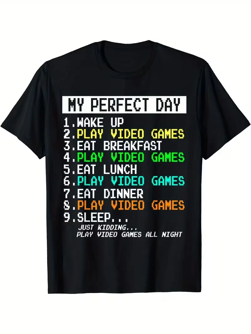 Funny My Perfect Day Video Games T-Shirt for Men, Gamer Humor Graphic Short Sleeve Tee, Casual Cool Gift for Gaming Lovers