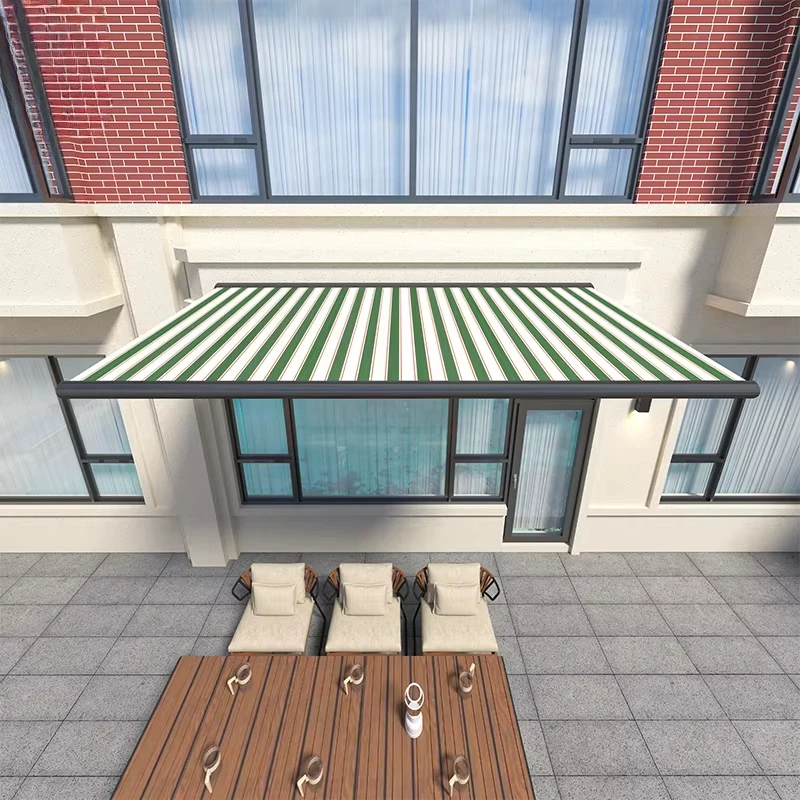 Custom Extendable Electric Awning With Lights Gear Box Model For Patio Made From Durable Polyester Sail Material