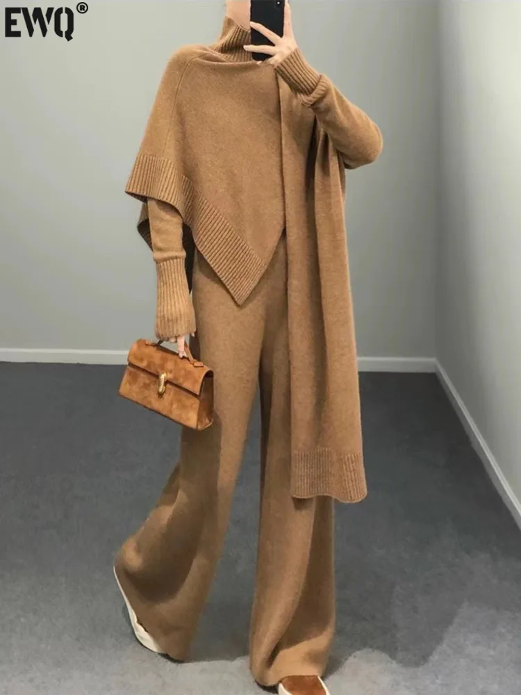 [EWQ] Temperament Thick Warm High Quality Knitted Pullover Sweater Wide Leg Pants Set For Women 2024 Autumn Winter New 16U6387