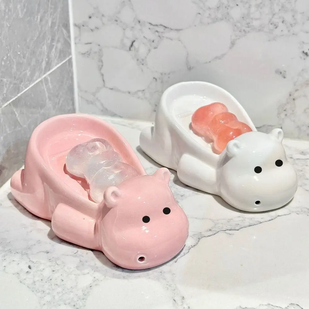 Portable Cute Hippo Soap Box Cartoon Creative Drain Soap Shelf No Water Free Punching Ceramic Soap Dish Bathroom