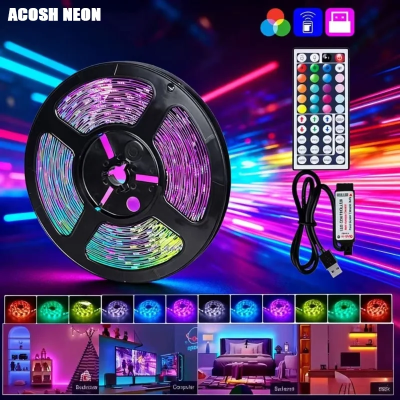 RGB LED Strip with Remote Control - USB-Powered RGB Color-Changing Light Strip, 44-Key Control, Suitable for TV Backlight,