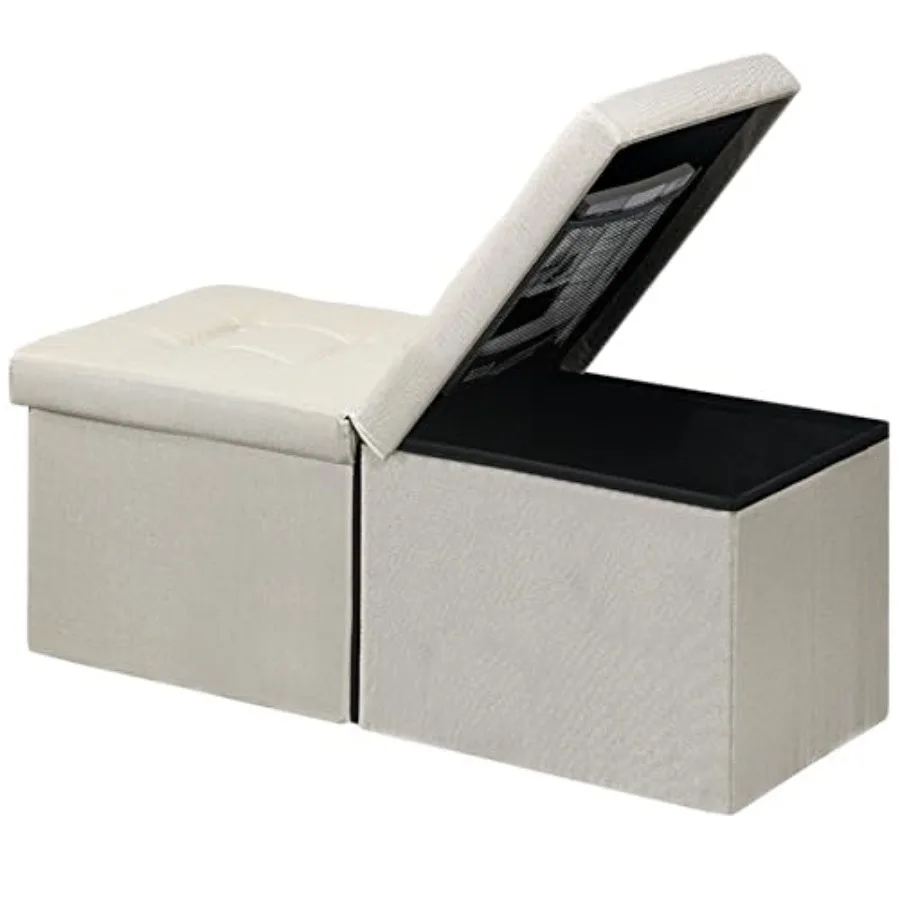 

Складная скамья-пуф для хранения, 34 дюйма, бежевый льняной пуф-скамья, короткий пуф-подставка для ног, для хранения книг и документов