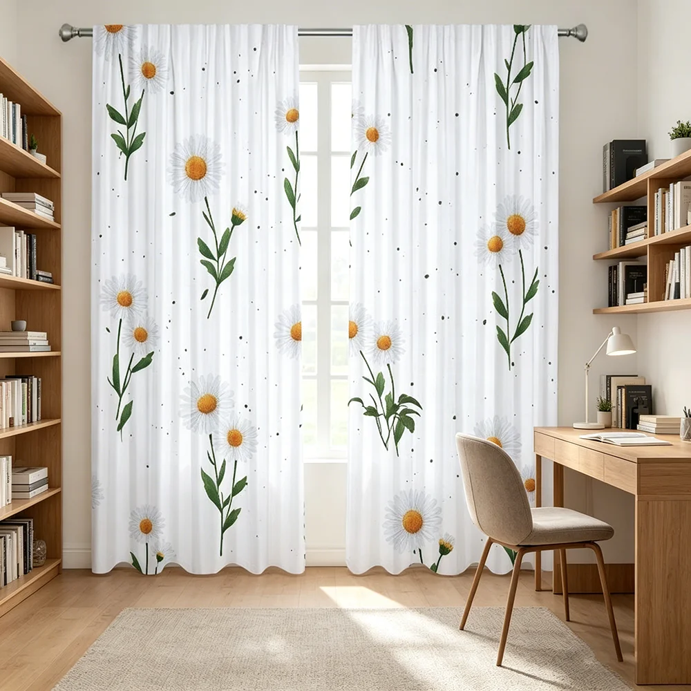 2PCS Digital Printed Curtains, Pastoral Daisy Countryside Floral Cottage, Window Drapes for Living Room Bedroom Home Decoration