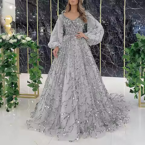 Women Evening Dress Lantern Sleeve V Neck Shiny Sequin A-line Double-layered Floor Length Mesh Cocktail Party Dress Prom Gown