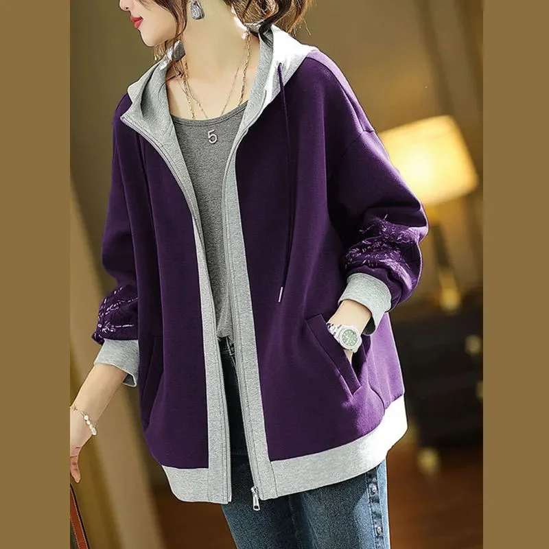 

Contrast Colored Hooded Embroidered Sweatershirt For Women's 2023 Spring New Loose Large Casual Fashion Sportswear Jacket Autumn