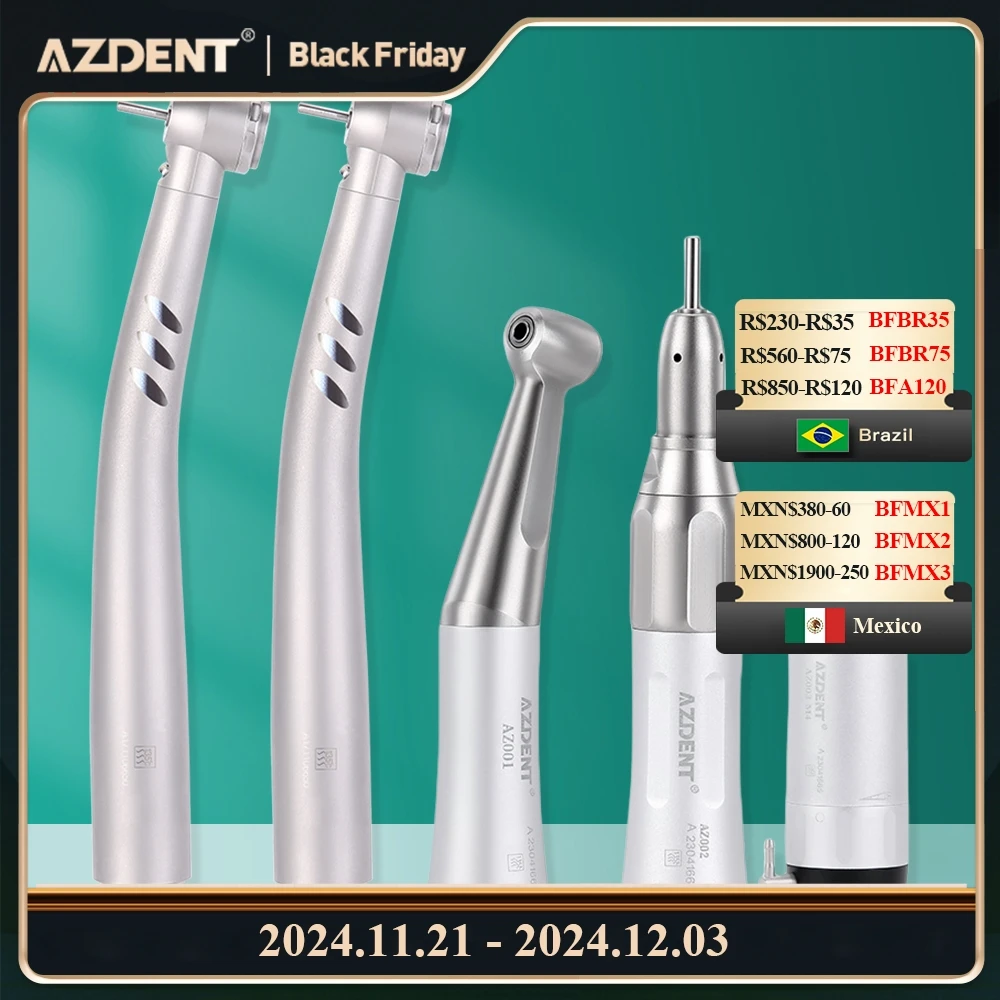 Azdent Dental LED High Low Speed Handpiece Kit Push Button 3 Water Spray 1:1 Standard Head Contra Angle Straight Air Motor Set