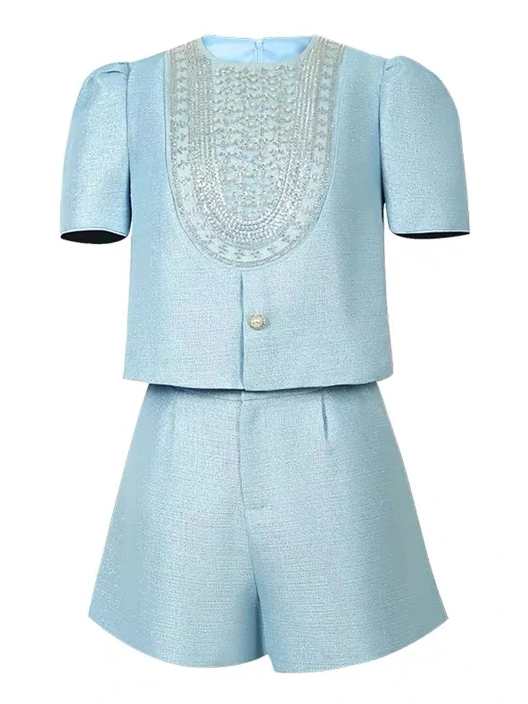 New Fashion Summer Casual Sweet 2 Piece Outfit Women Clothes Puff Sleeve Short Tops Shirt Blouse And High Waist Shorts Mujer Set