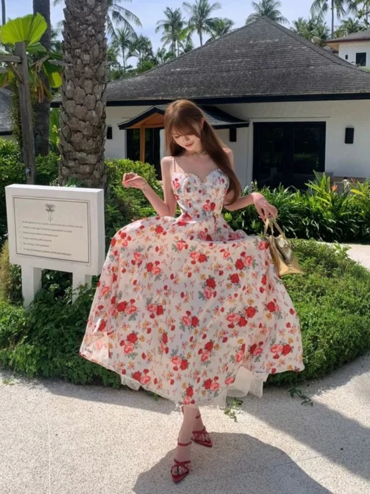 Dress Vibrant Vacation Rose Floral Print Bright Skin Brightening Spaghetti Strap Elegant French Style Birthday Party Little Gown