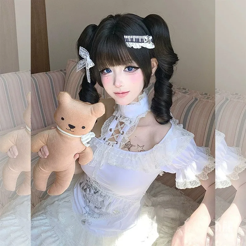 Black Tea Roman Curl Full Wig with Tiger‑Mouth Claw Clip Pigtails Heat‑Resistant Synthetic  Cute Doll Style for Party Cosplay