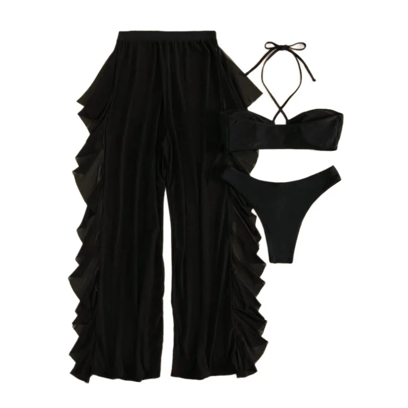 2026 Fall Solid Color Ruffle Mesh Long Pants 3 Piece Swimsuit Women Swimwear Beach Vacation Summer Sexy Bikini Set Two Piece Set
