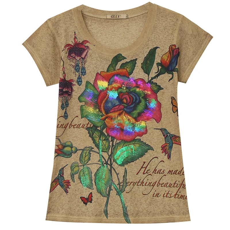 Faionable Slim Fit ort Sve T-shirt da donna con stampa dorata Street Sle round Ne Casual Top per l'estate 2024 Trendy Ladies...