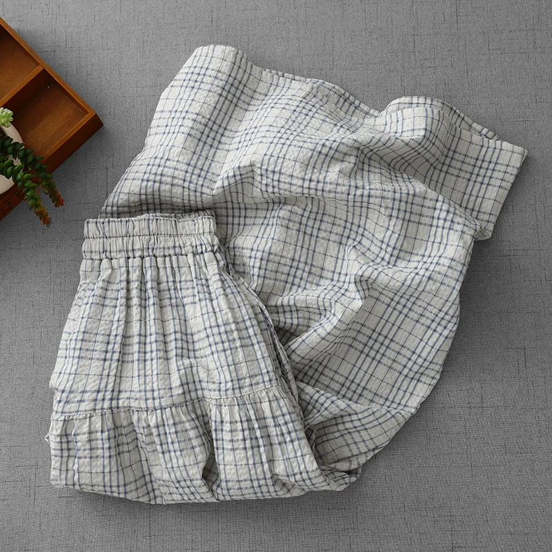 Women's Plaid Midi Skirt Romantic Artistic Bubble Cotton A-Line Skirt Light Blue White Patchwork Spring Summer Commute