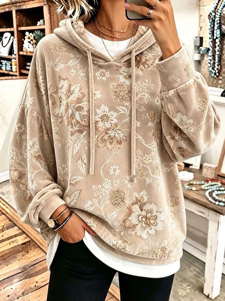 Moletom Feminino de Outono Inverno, Estilo Chic, com Estampa em Patchwork, Manga Longa, com Capuz, Pulôver, Moda Streetwear, Blusas Largas Femininas 2026
