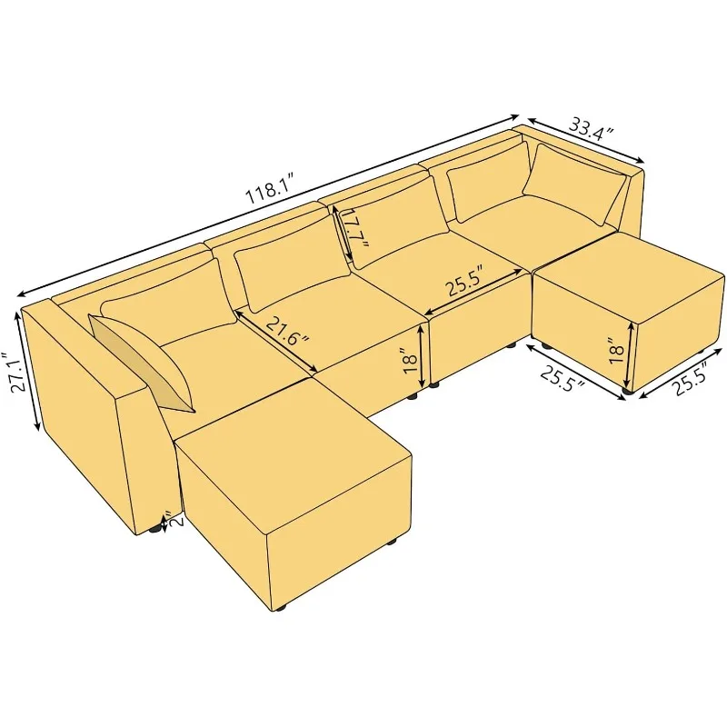 Modular Sectional Sofa, 6 Seat Sectionals Chaise for Living Room, U Shaped Couch with 6 Pillows and 2 Ottomans