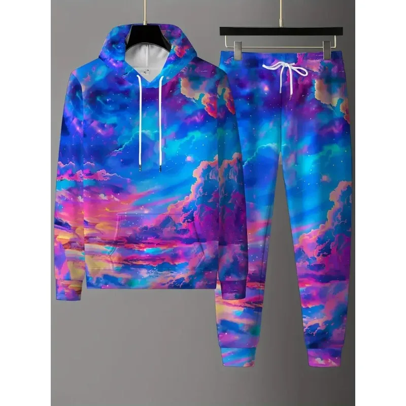 

2025 креативный спортивный комплект с 3D красочным принтом радужного неба, супер большие спортивные штаны с капюшоном, осенне-зимний мужской и женский стиль