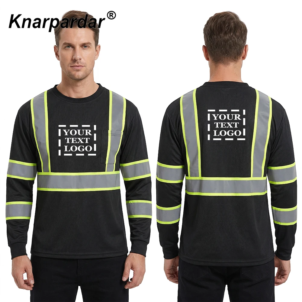 

Men's Black Hi Vis Long Sleeve T Shirt Reflective Round Collar Work Shirt