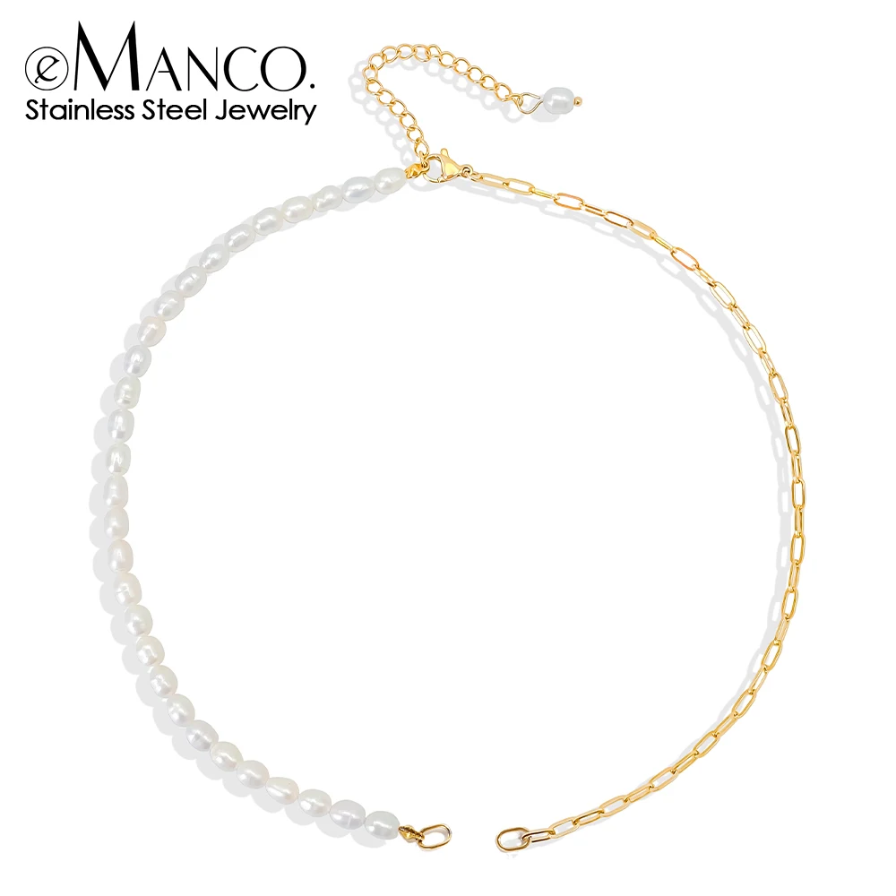 eManco Stainless Steel Paperclip Chain with Irregular Freshwater Pearls for DIY Necklace Jewelry Making