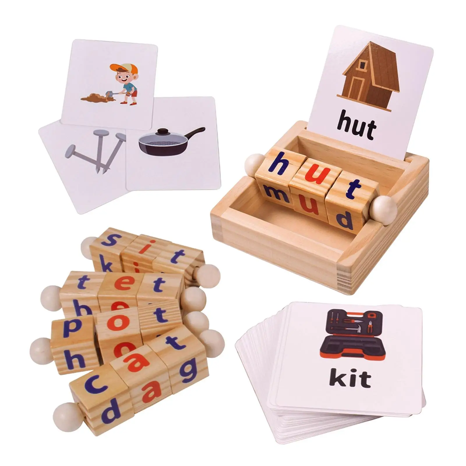 Houten Leesblokken Flash Cards Spelling Games Roterende Bijpassende Letters Speelgoed