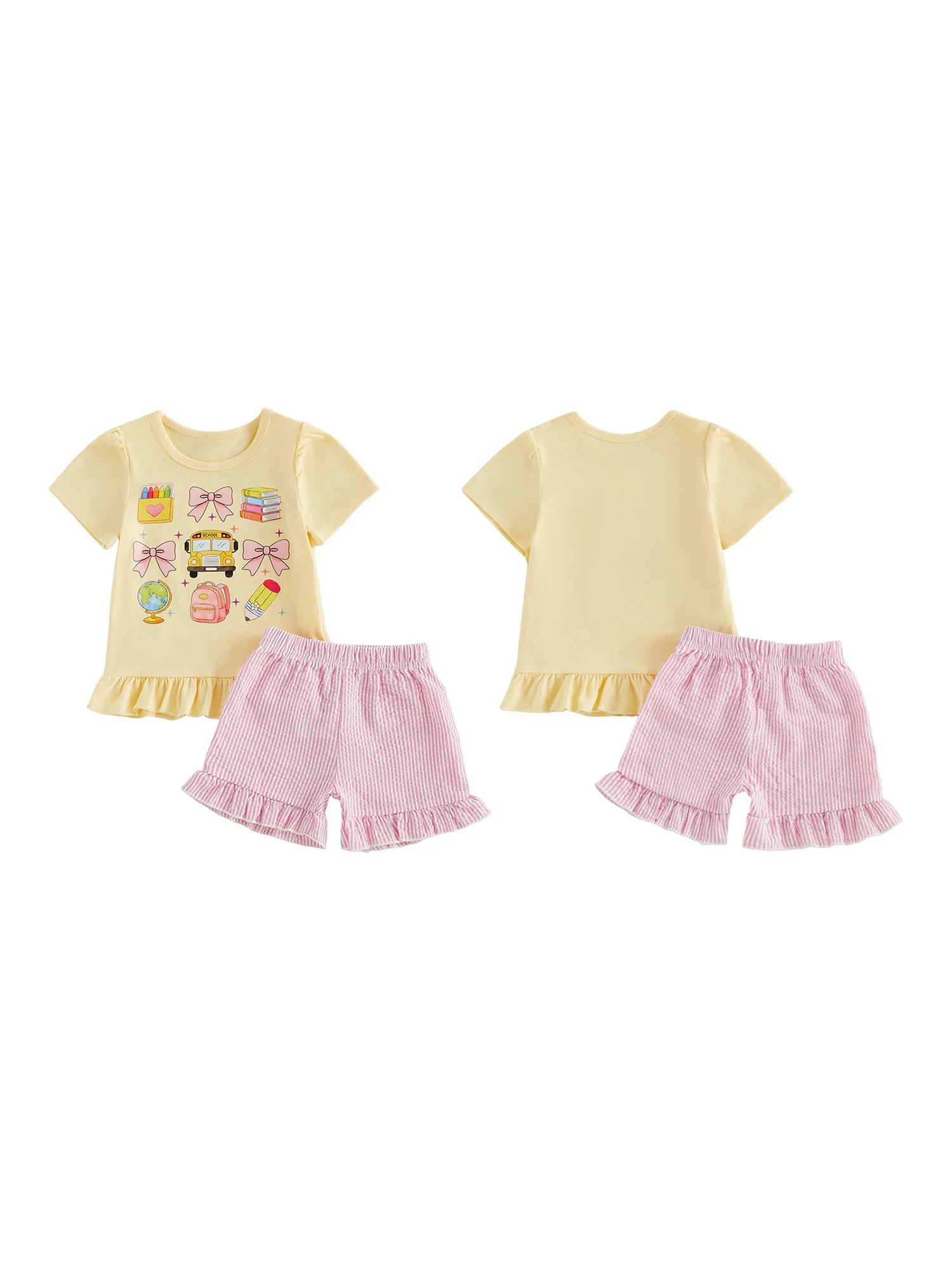 

Adorable Toddler Girl Back to School Outfit with Cute Bow and School Bus Embroidery - Short Sleeve Top and Elastic Waist Stripe