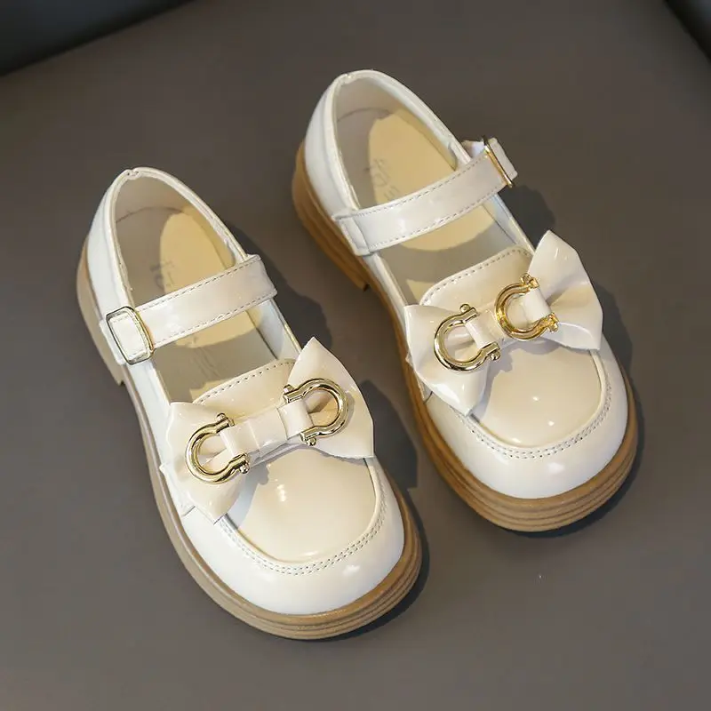 Girl's Leather Loafers 2026 Spring Autumn British Style Soft Sole Non Slip School Performance Black Shoes with Bow