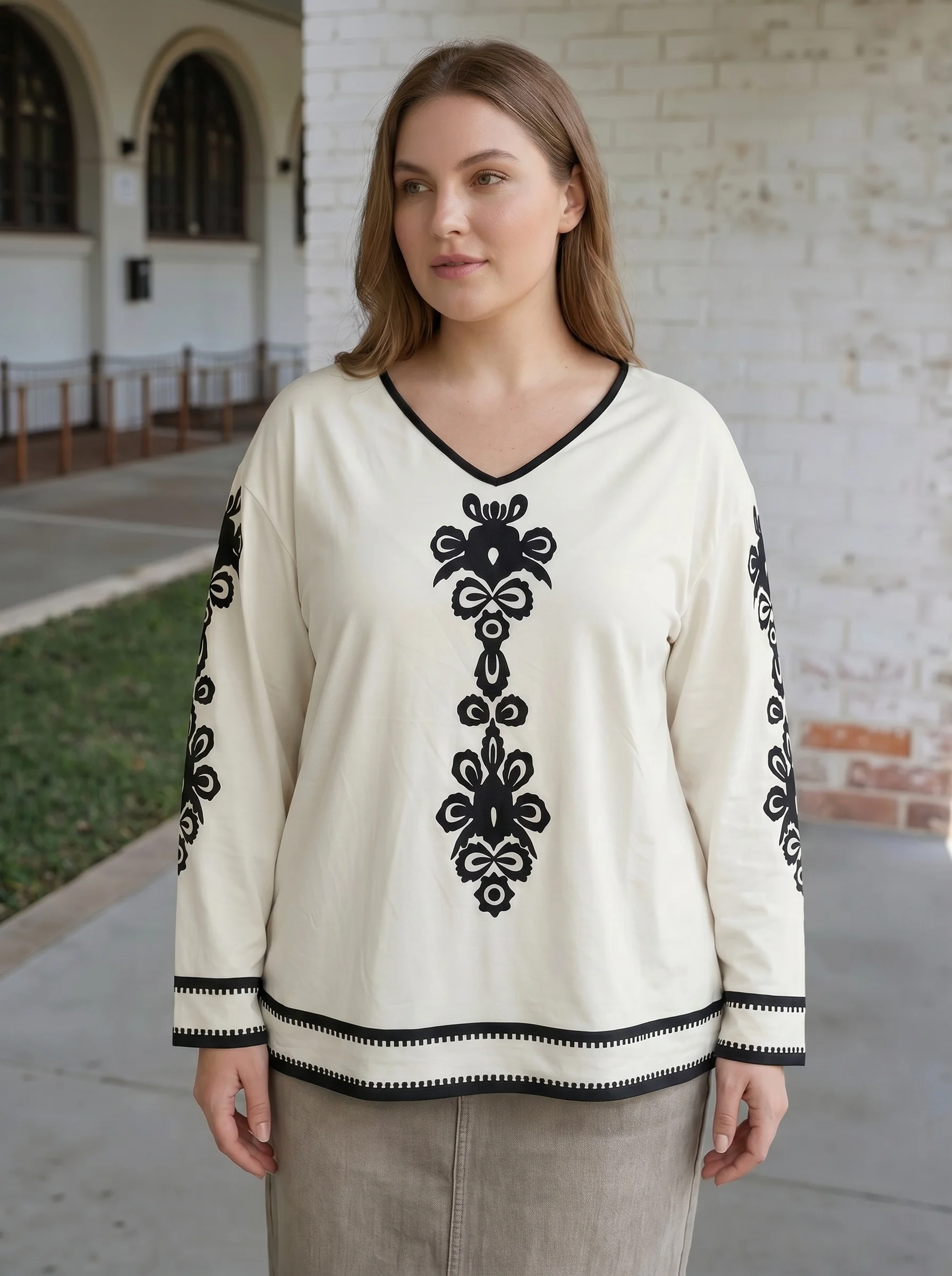 Gadinus Plus Size White Blouse Women Black Ethnic Print Long Sleeve Loose Fit V Neck Casual Top Tunic Shirt image 2
