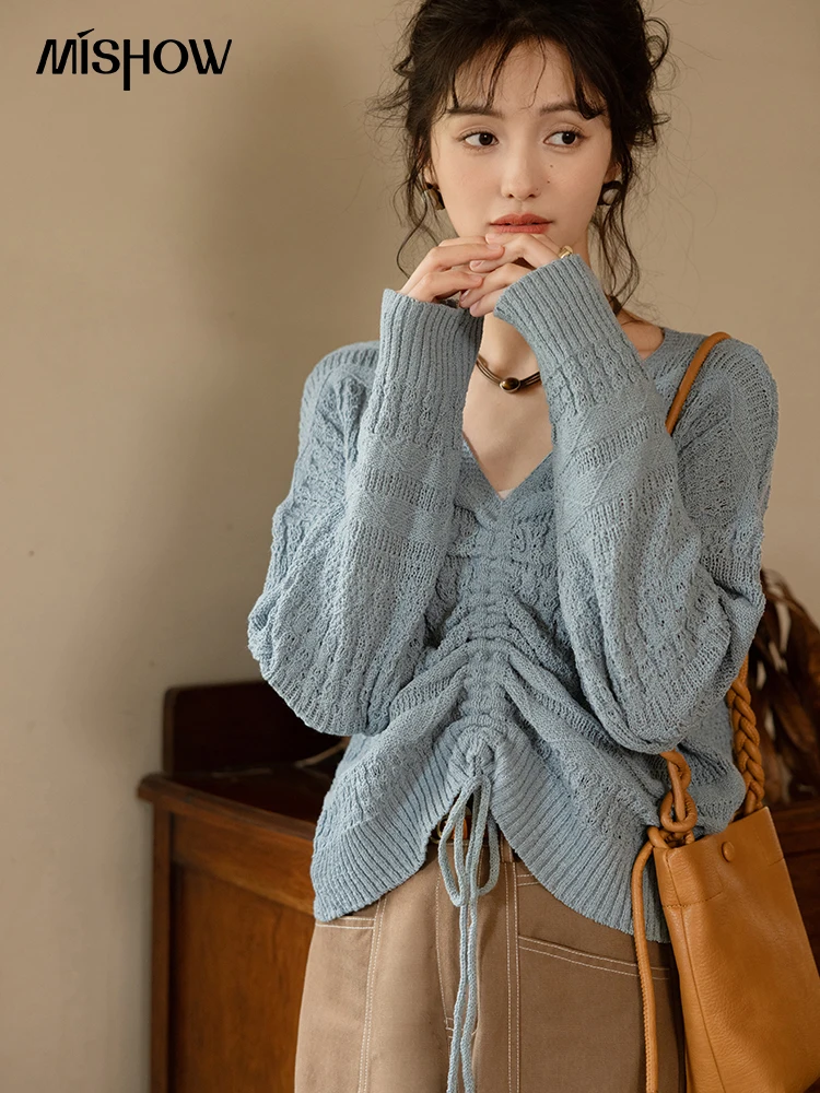 MISHOW Hollow Out Knitted Sweaters for Women 2024 Autumn Korean V Necl Solid Pullovers Drawstring Long Sleeve Tops MXD42Z0765