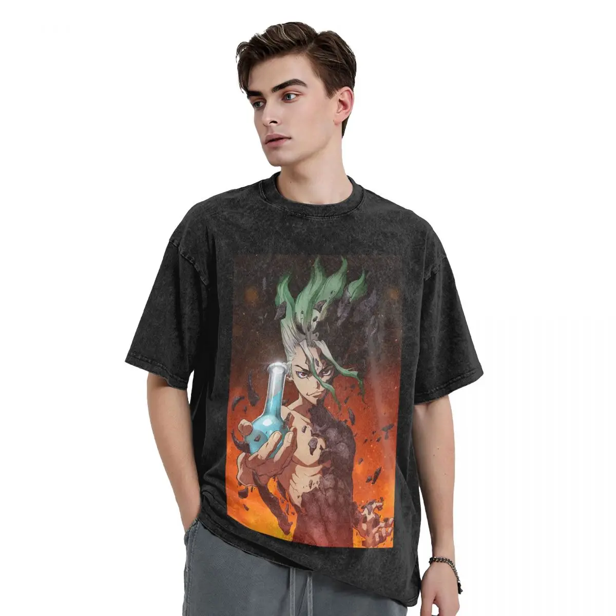 

Anime Dr Stone Washed T Shirts Oversized Short Sleeve Hip Hop T-Shirt Streetwear Tops Tees for Men Women